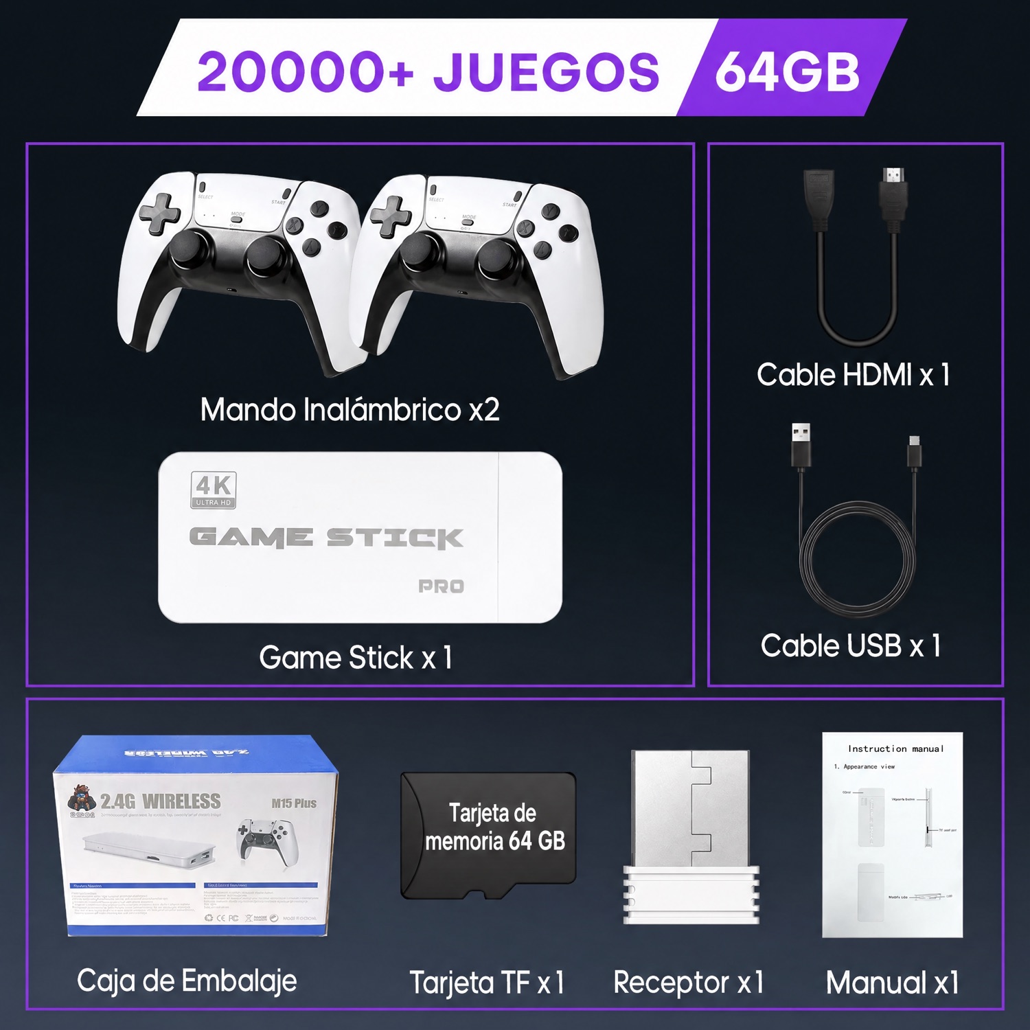 Contenido del paquete: mandos, Game Stick, cables, tarjeta y manual